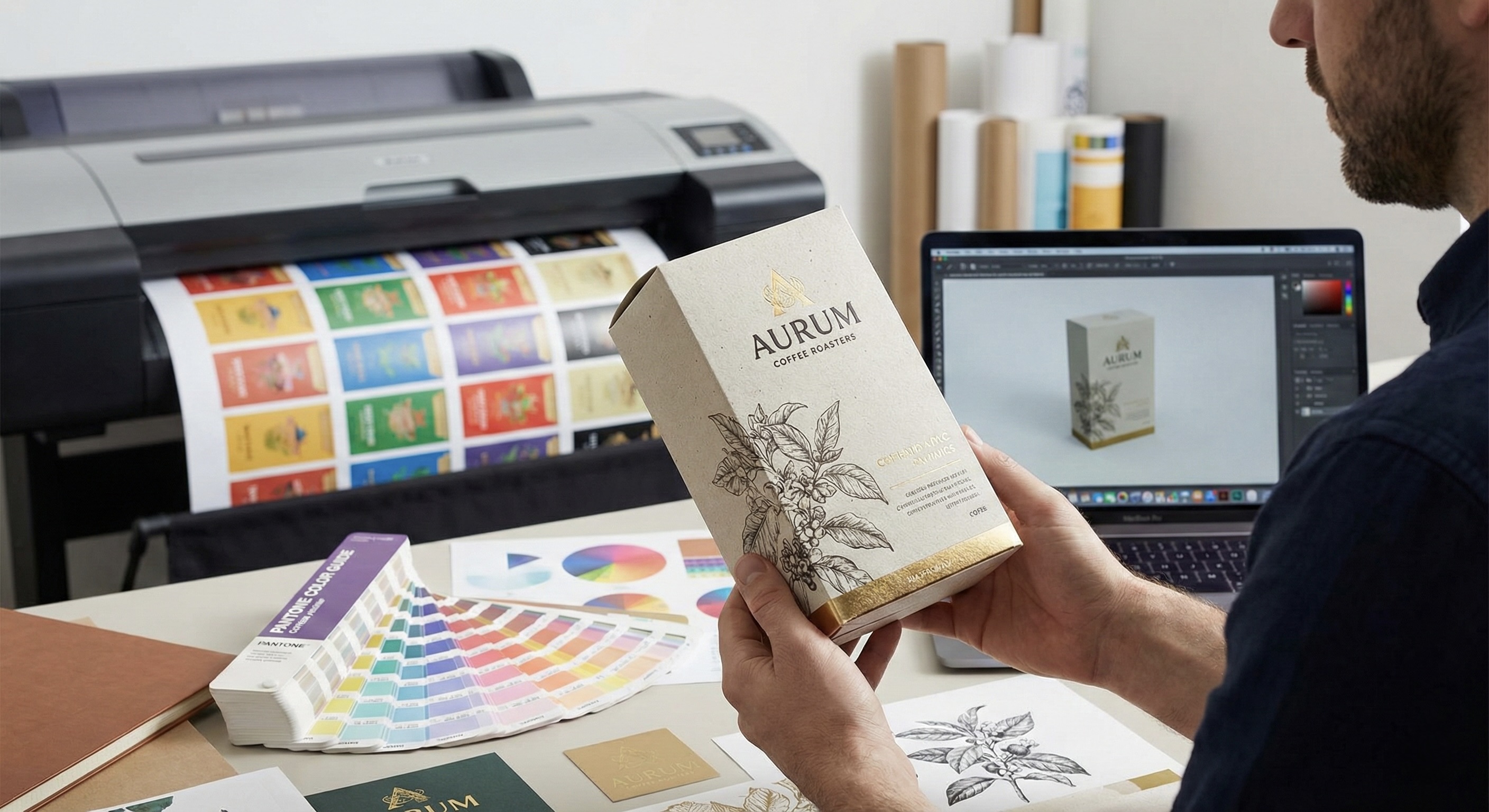 Designer reviewing Aurum packaging at production workstation