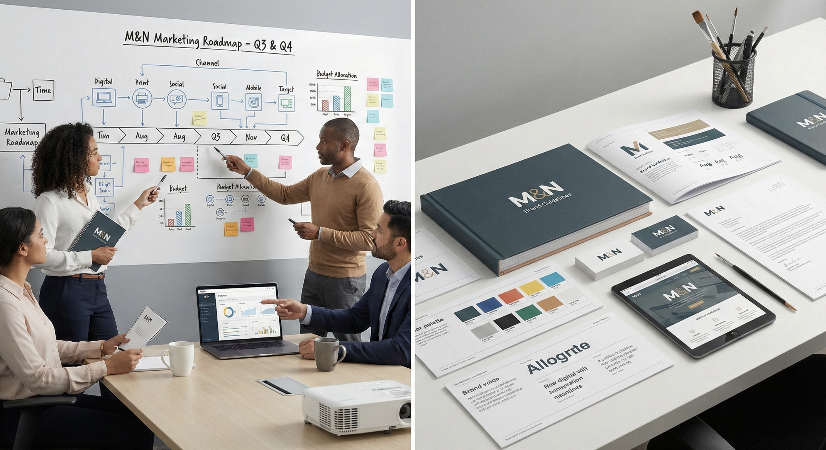 Marketing roadmap whiteboard and brand guidelines